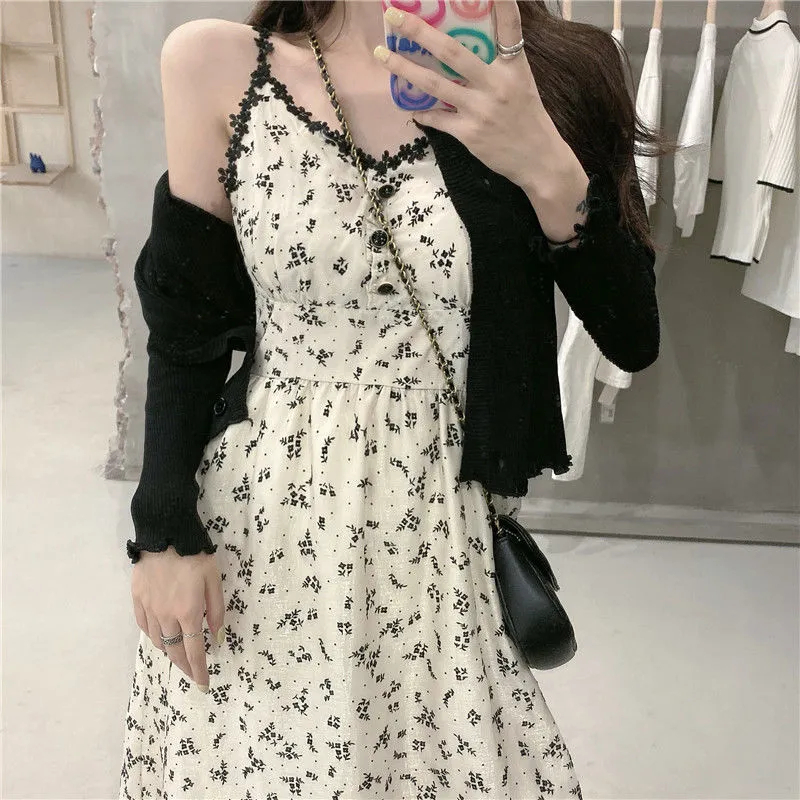 New spring and summer plus size women's clothing fat sister floral suspender dress knitted two-piece set temperament gentle skirt suit