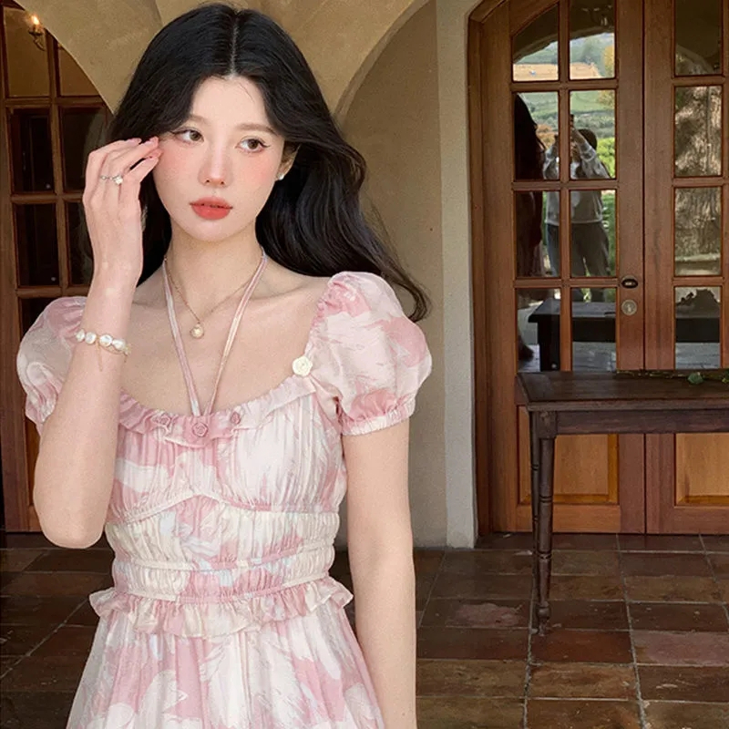 French palace-style square-neck printed dress for women, waist-covering holiday dress, sweet girly long dress for summer