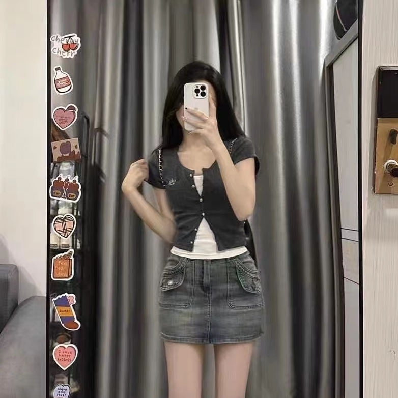純棉拉架 兩件套純欲辣妹短袖T恤女INS設計感顯瘦短款上衣