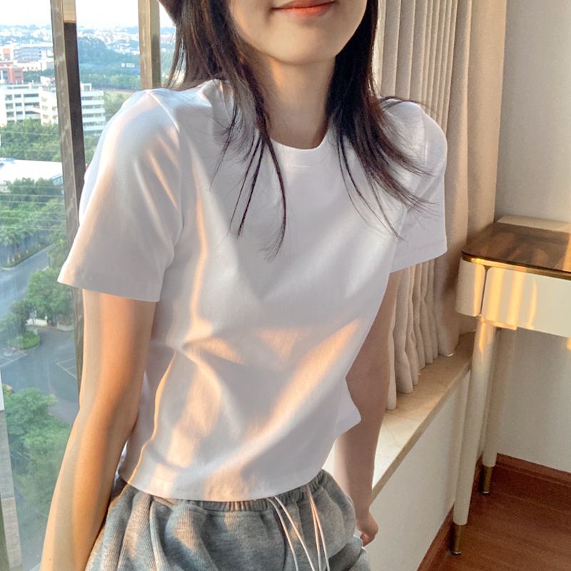 顯高顯瘦白色短袖t恤女修身短款圓領打底衫百搭休閒體桖純棉上衣