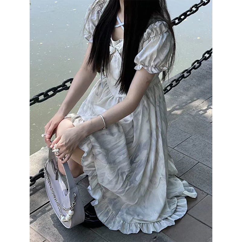 韓國夏季法式不規則泡泡袖扎染連衣裙女氣質名媛小個子設計感長裙