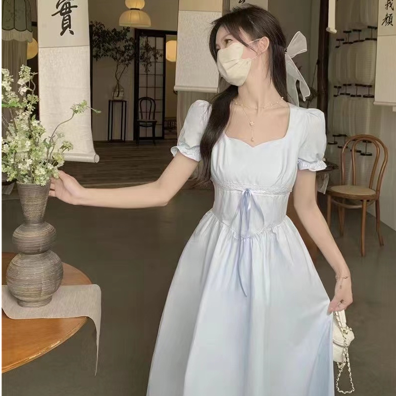 溫柔風小清新藍色連衣裙方領泡泡袖夏季高腰顯瘦長裙子