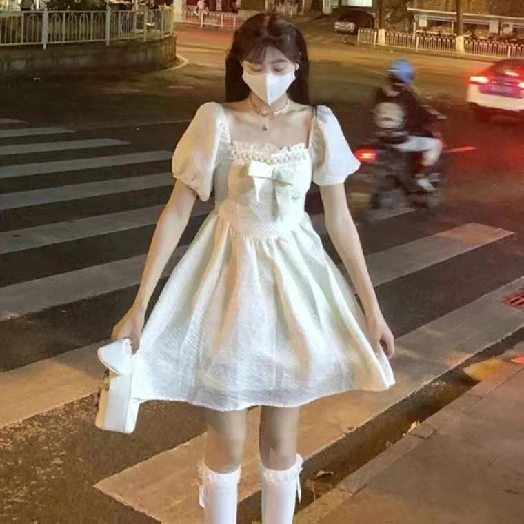 有內里+隱形拉鏈方領連衣裙女夏季氣質蝴蝶結收腰短款公主裙