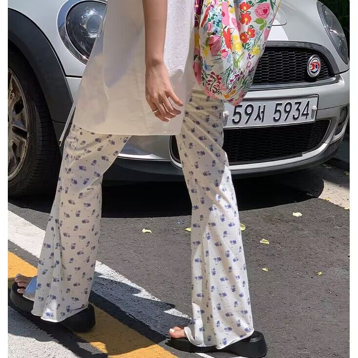 及榀磨毛絨休閒褲女小碎花遛彎褲垂感闊腿高腰顯瘦喇叭褲
