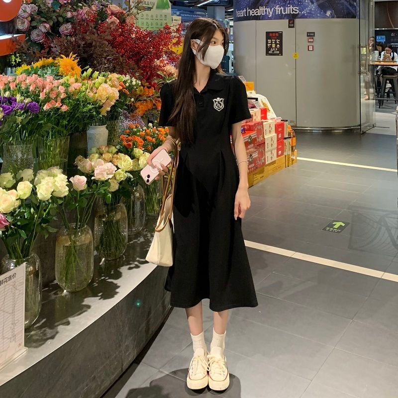 學院風polo領短袖連衣裙女夏季中長款收腰顯瘦休閒a字裙小眾設計
