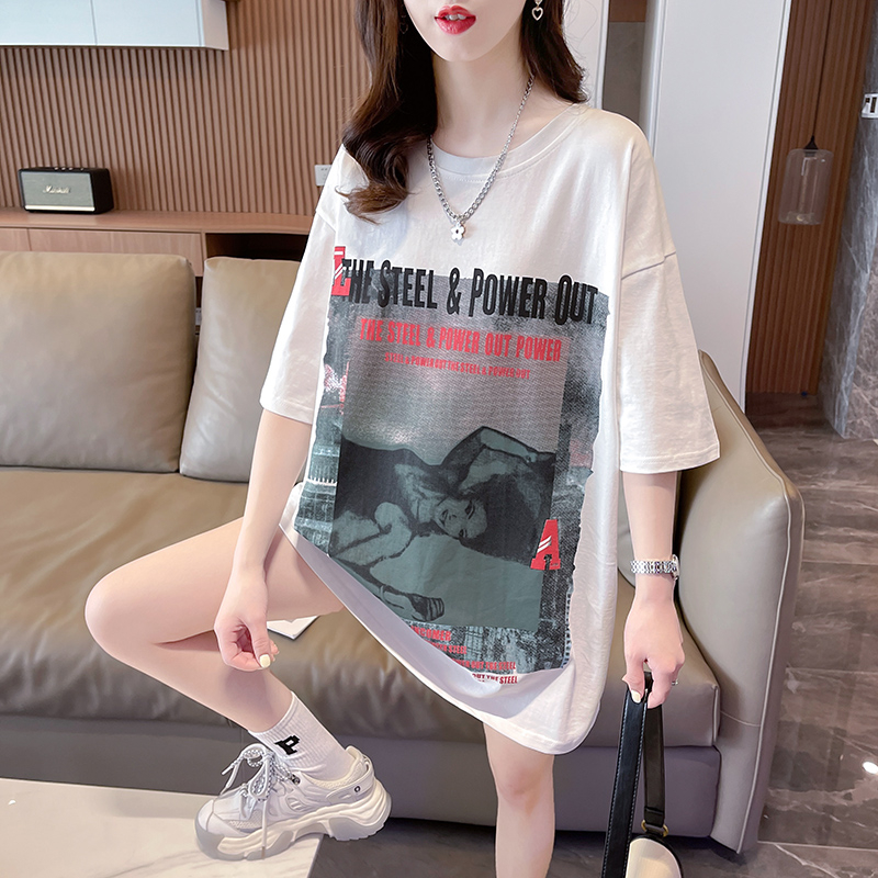 實拍2024夏季寬鬆印花卡通大碼寬鬆百搭上衣T恤女