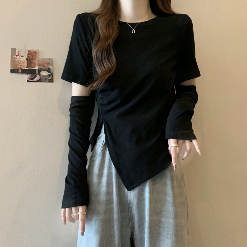 實拍 - 40支純棉 2024夏裝長袖T恤女設計感 袖子可拆卸