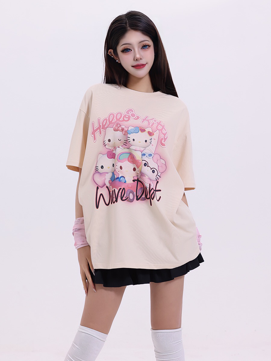RICH國潮原創卡通HelloKitty貓短袖T恤女夏季新款甜酷情侶裝上衣