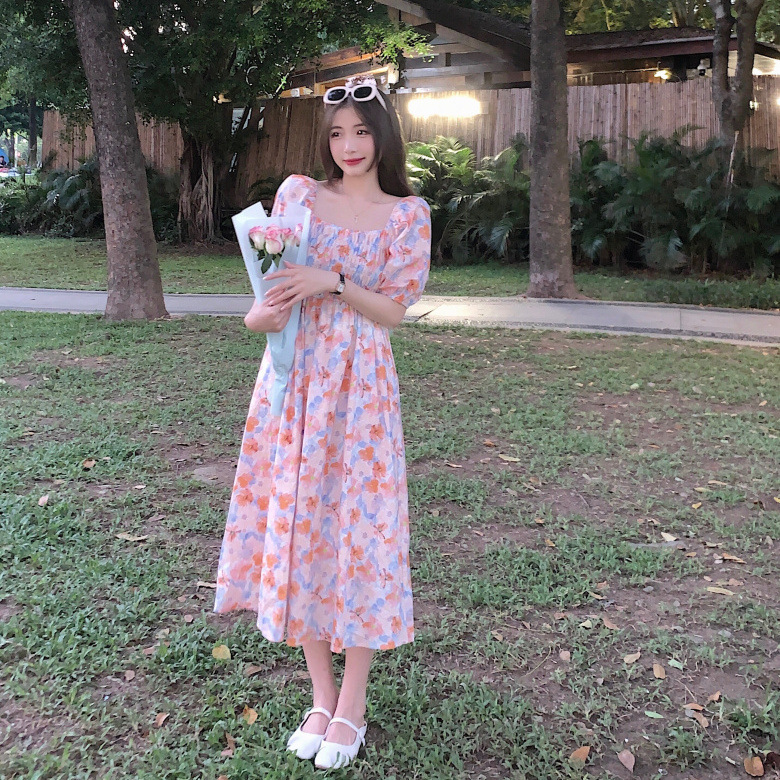 韓國chic夏季新款小香女風名媛寬鬆泡泡袖鬆緊腰碎花顯瘦連衣裙