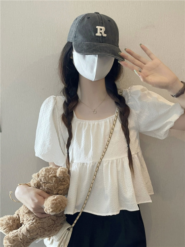 Actual shot~Summer new Korean style design square neck puff sleeves sweet babydoll top with string back