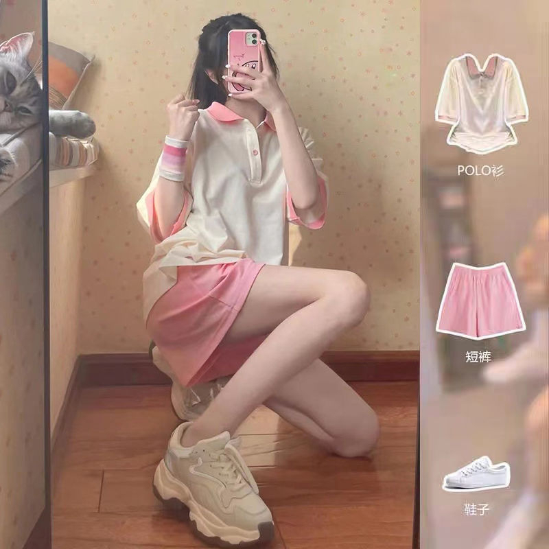 Polo衫女設計感鹽系拼接學院風辣妹運動休閒短袖上衣粉色百搭短褲