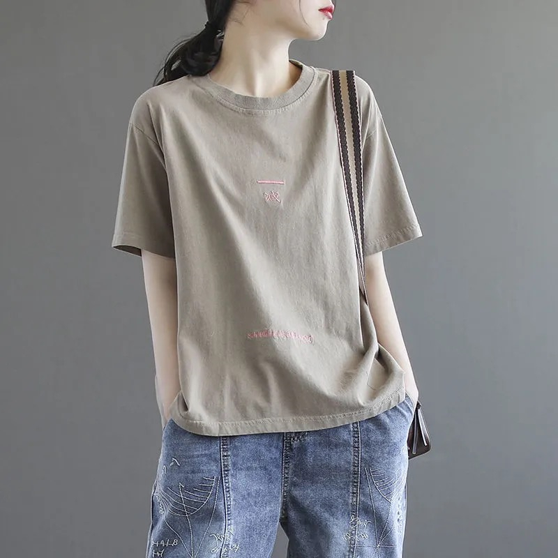 休閒文藝刺繡短袖t恤女大碼女裝春夏新款寬鬆上衣體恤復古打底衫