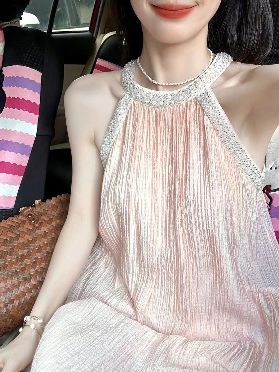 連衣裙女夏季新款純欲復古設計感寬鬆掛脖裙甜美修身中長裙潮