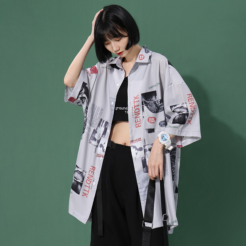 tgea報紙印花短袖襯衫女設計感小眾bf港風oversize寬鬆上衣外搭夏