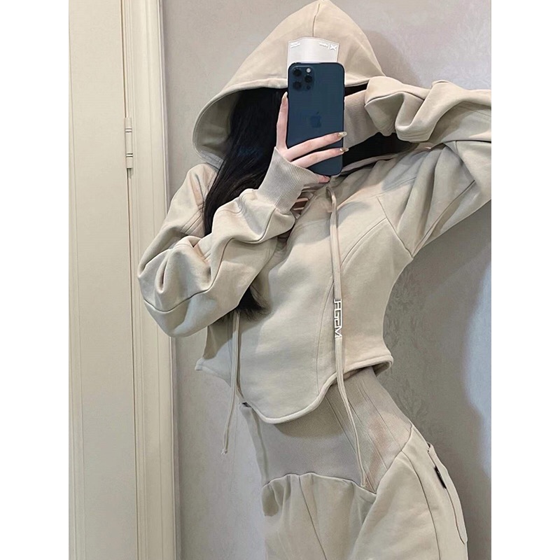 網紅炸街休閒套裝女秋新款修身連帽短款衛衣闊腿褲運動兩件套