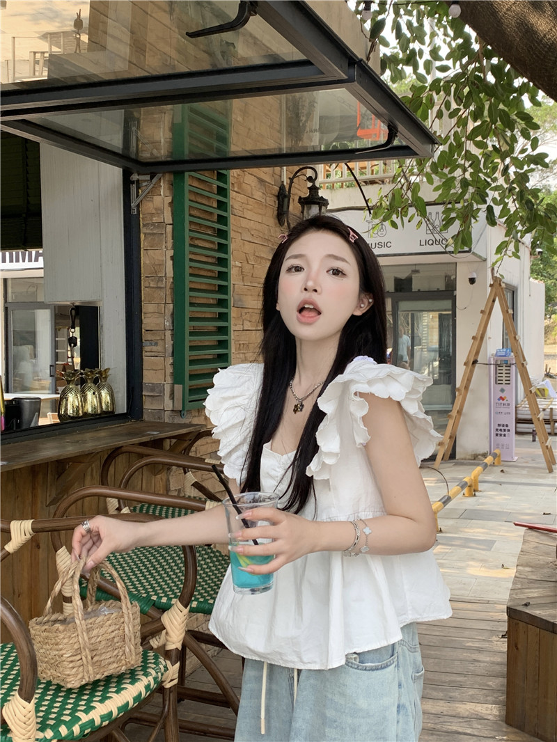 實拍飛飛袖公主衫甜美少女後背系帶溫柔風短袖襯衫