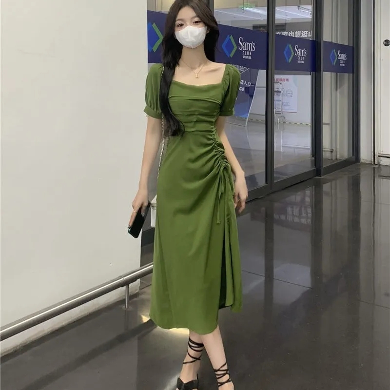 設計感不規則連衣裙夏季新款法式小眾褶皺開叉抽繩短袖遮肚中長裙