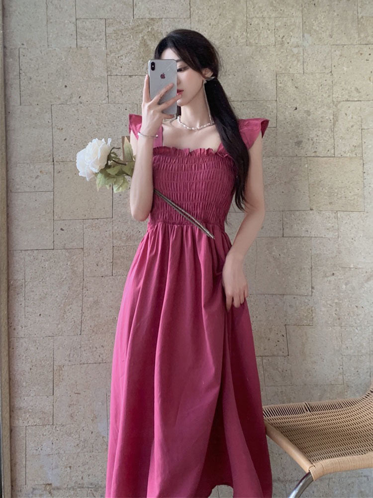 Summer new style French style small flying sleeve pleated waist dress Hepburn style square collar tea break mid-length skirt