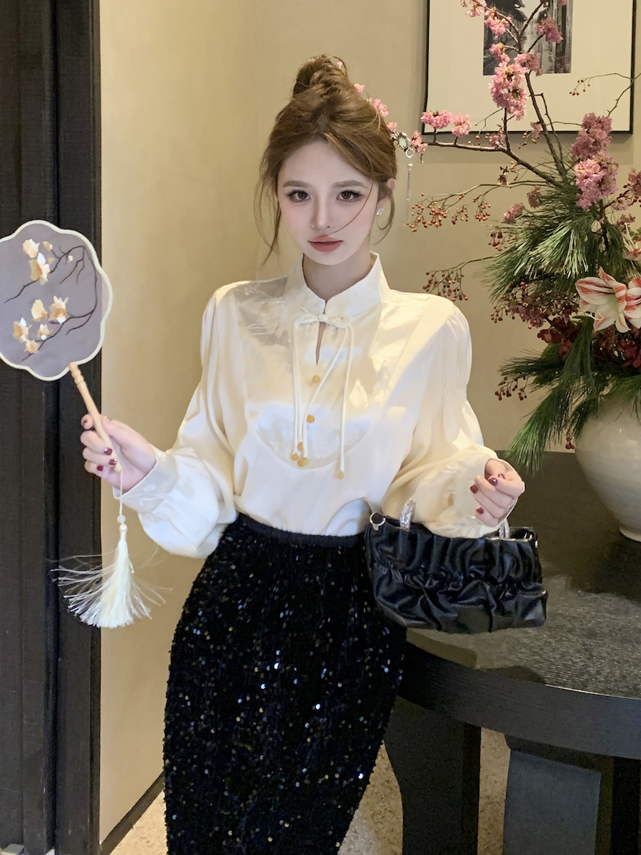 實拍 春季時尚長袖襯衫女士新中式國風上衣別致減齡洋氣小衫