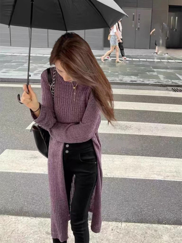 Retro Hong Kong style slit mid-length sweater for women autumn new lazy style round neck pullover versatile loose sweater