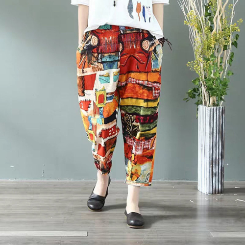 Cotton retro ethnic style printed casual nine-point pants for women 2024 summer new harem pants elastic waisted pants