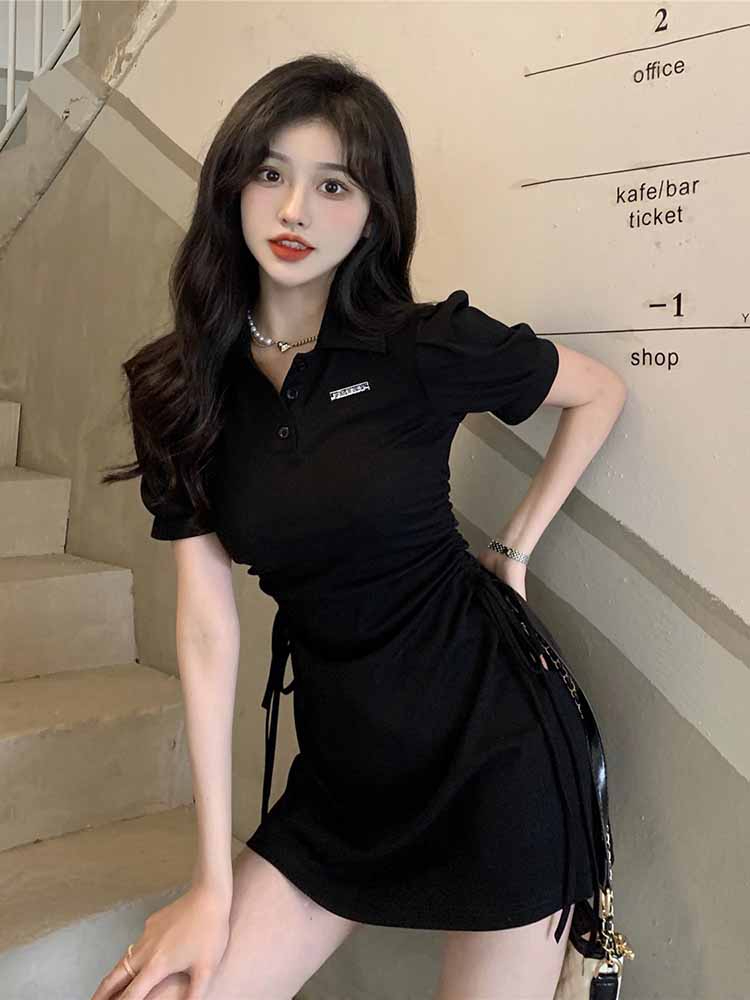 polo領連衣裙女春夏新款收腰修身顯瘦甜辣風短袖裙子