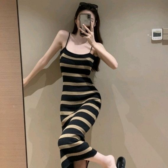御姐輕熟風條紋針織吊帶連衣裙女裝夏季新款修身包臀裙中長款裙子