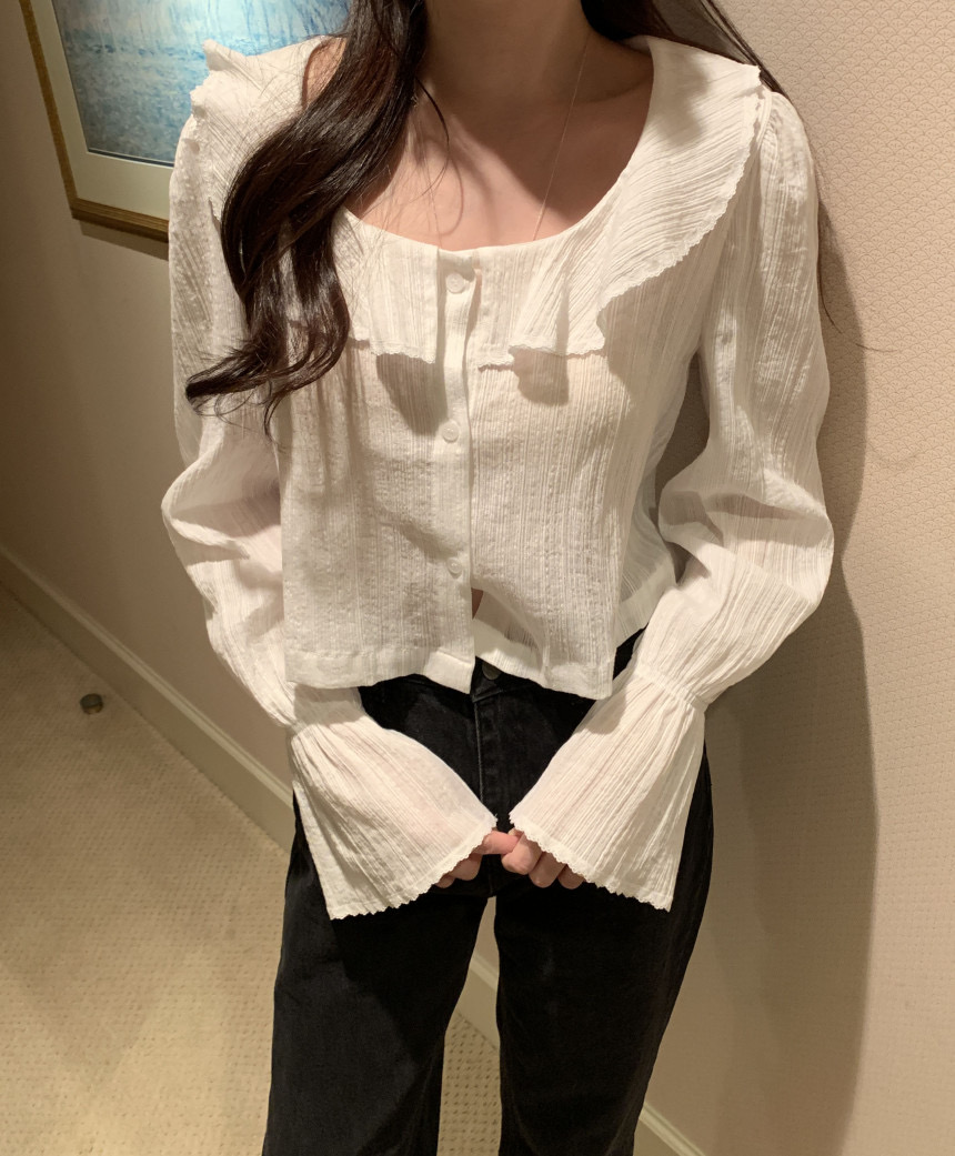 韓國chic春季法式方領荷葉邊喇叭袖襯衫女寬鬆短款休閒襯衣