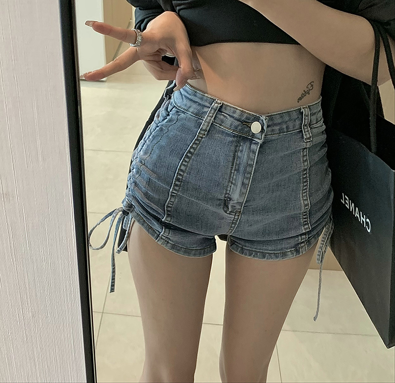 夏季彈力牛仔短褲女ins風設計感a字綁帶抽褶闊腿高腰辣妹直筒熱褲