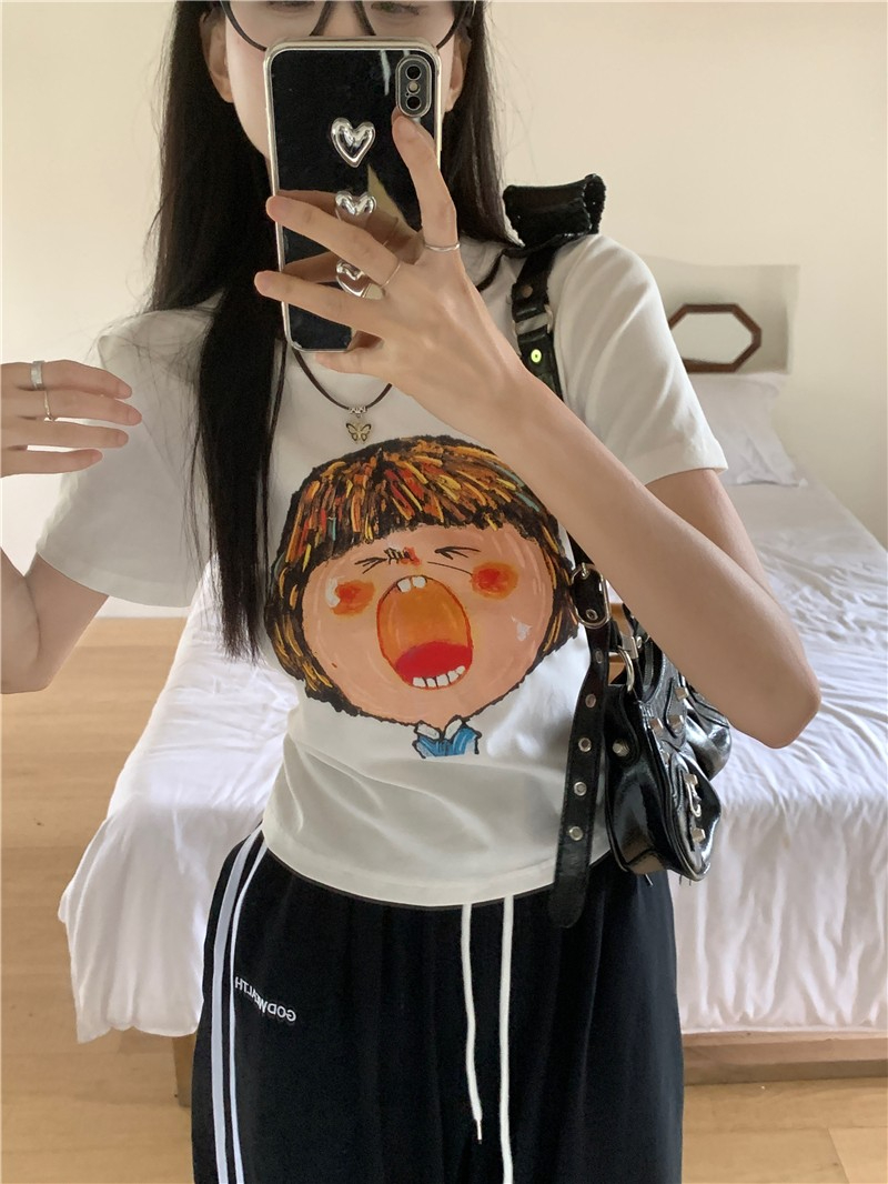 卡通印花短袖T恤女夏季韓版2024新款修身顯瘦短款白色百搭上衣ins