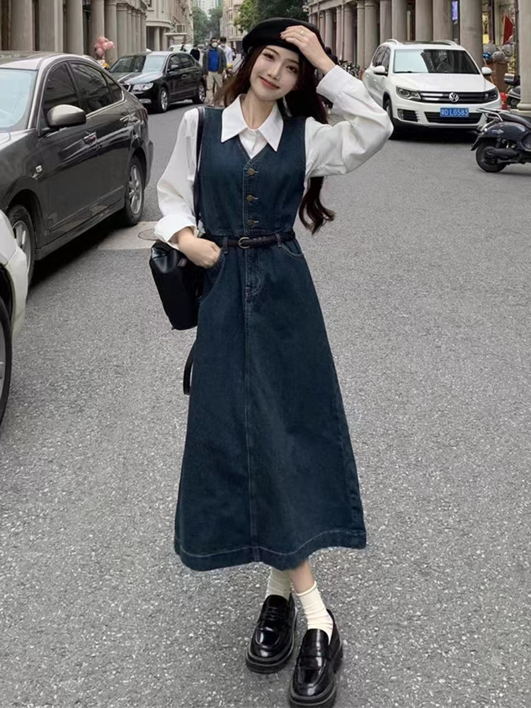 吊帶連衣裙套裝牛仔背心裙子女秋季小香風白色襯衫休閒兩件套上衣