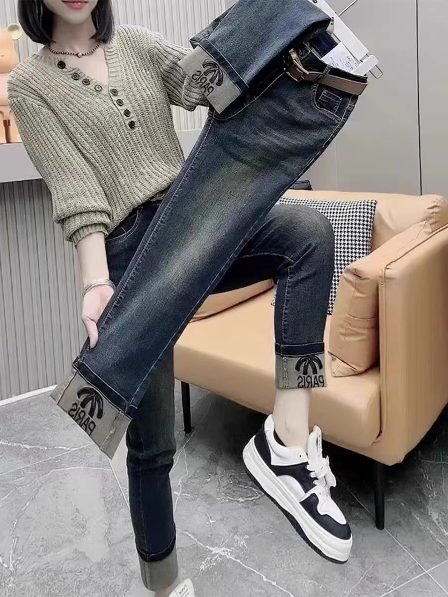 彈力九分牛仔褲女2024年新款春秋胖mm高腰顯瘦小個子煙管直筒褲潮