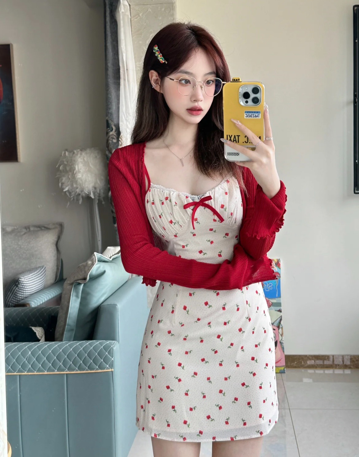 小櫻桃 明艷系美女子碎花吊帶連衣裙紅色開衫套裝