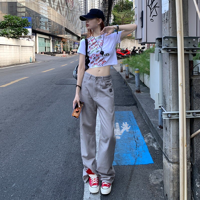 實拍2024春夏刺繡標街頭感直筒闊腿褲