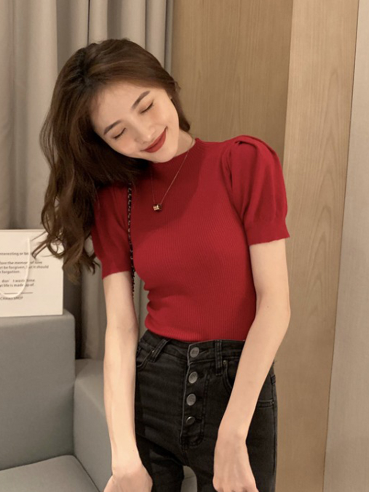 2024春季新款洋氣半高領短袖打底衫女白色修身內搭別致針織衫上衣