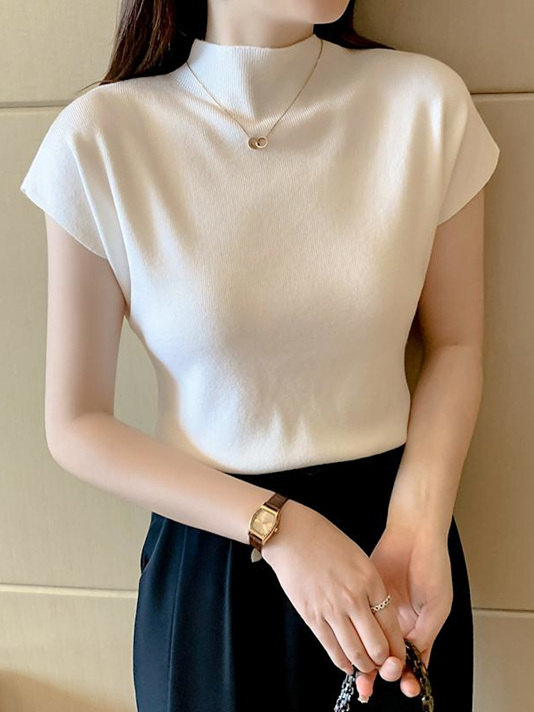 2024年新款黑色短袖針織女新款夏裝無袖半高領短款冰絲T恤上衣