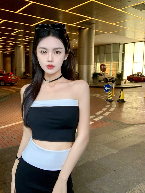實拍 拼接性感抹胸上衣+高腰顯瘦彈力闊腿大喇叭褲女兩件套