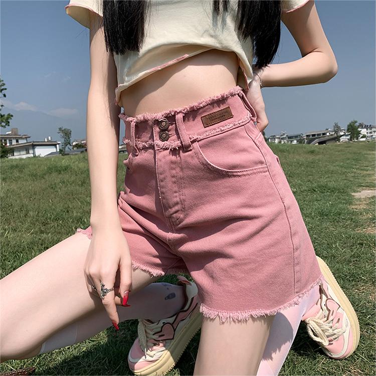 髒粉色牛仔短褲女高腰顯瘦夏季薄款毛邊辣妹a字闊腿熱褲