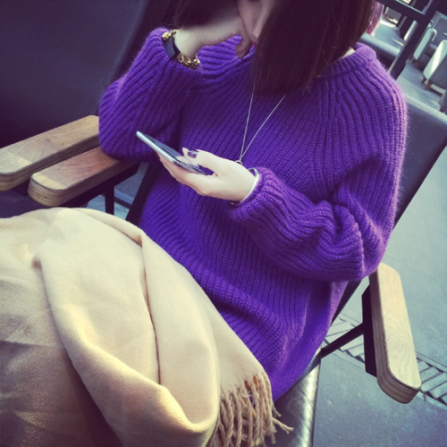 韩国秋冬新款圆领套头宽松显瘦中长款紫色针织毛衣连衣裙女