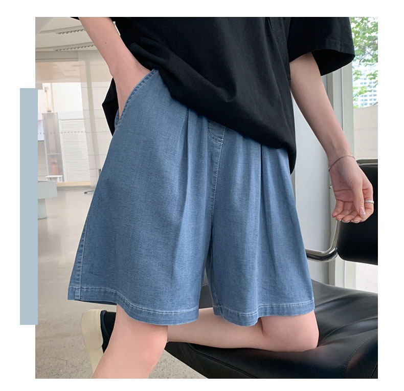夏季韓版仿牛仔短褲女大碼S-4XL高腰直筒寬鬆a字鬆緊腰闊腿五分褲