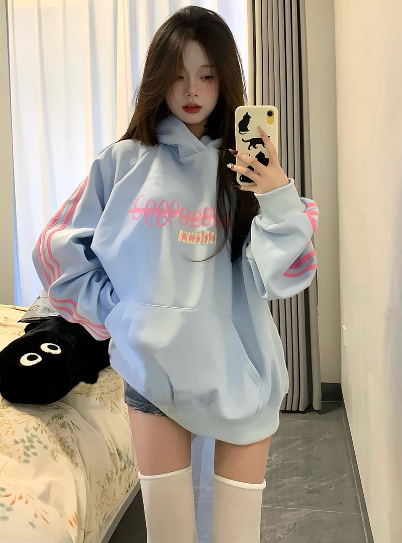 美式復古撞色三條槓加絨加厚連帽衛衣女春秋冬寬鬆學院風百搭上衣