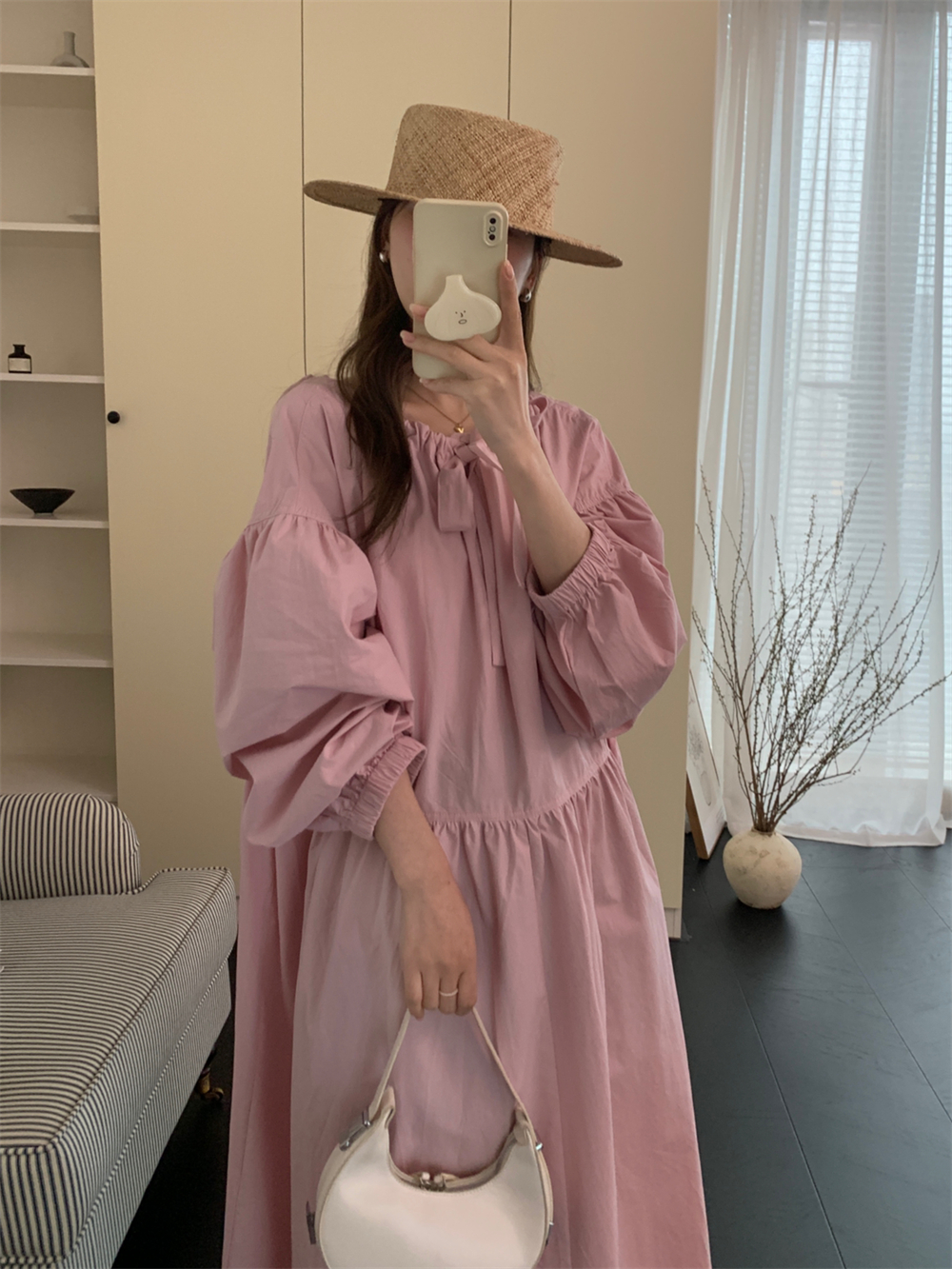 實拍！韓國ins設計感小眾前後兩穿一字肩抽繩寬鬆慵懶燈籠袖長裙
