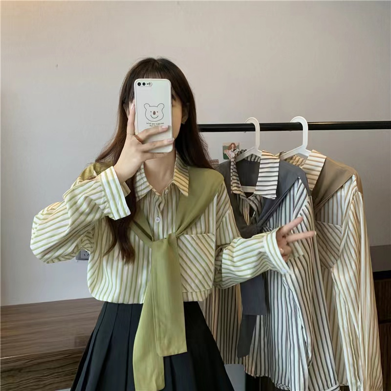 條紋長袖襯衫春秋季上衣女披肩假兩件設計感小眾寬鬆襯衣服
