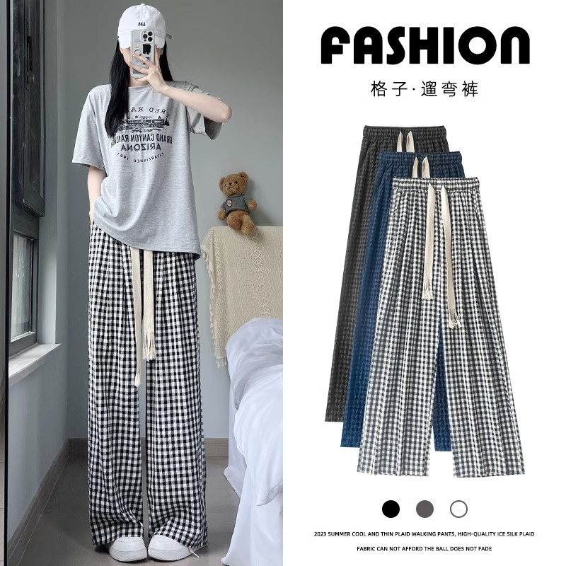 Cotton and linen loose wide-leg pants for women summer thin high-waisted lazy plaid pants slim and versatile casual walking pants