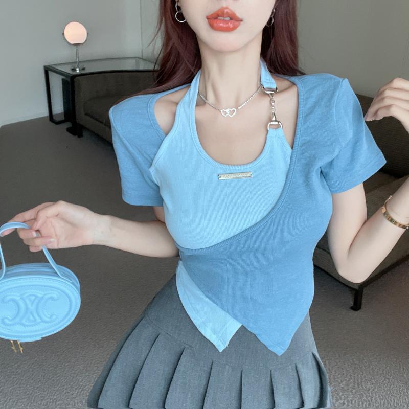 設計感小眾甜辣風掛脖正肩短袖T恤女夏季交叉不規則撞色短款上衣