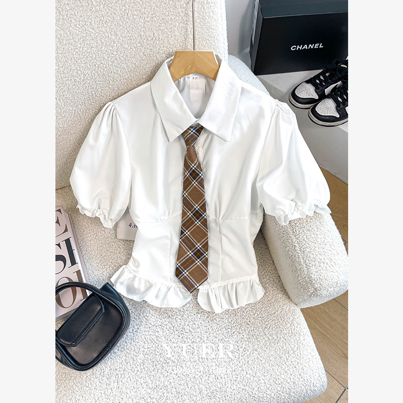 白色魚骨收腰短袖襯衫女夏季設計感小眾領帶學院風泡泡袖短款上衣