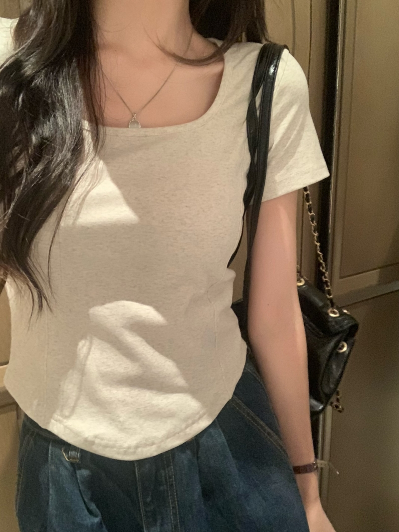 實拍  夏裝方領設計感小眾短袖T恤女