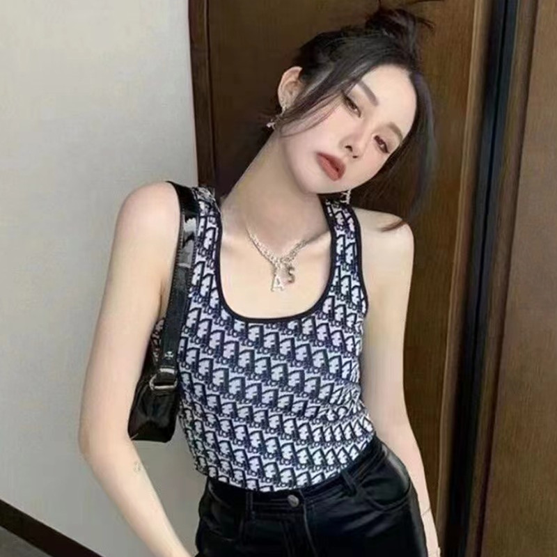 2024夏季新款字母老花提花圖案短款U領冰絲針織背心女外穿打底衫