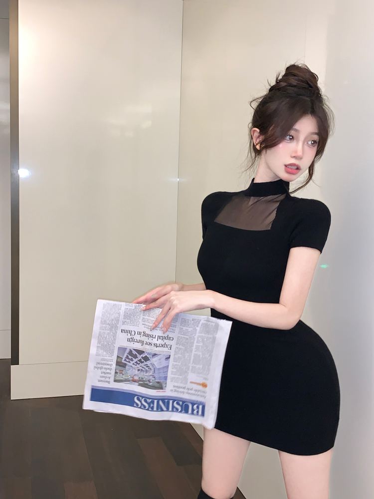純欲風性感修身網紗拼接圓領針織連衣裙夏季法式辣妹收腰包臀短裙