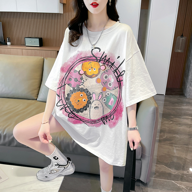 實拍2024夏季寬鬆印花卡通大碼寬鬆百搭上衣T恤女